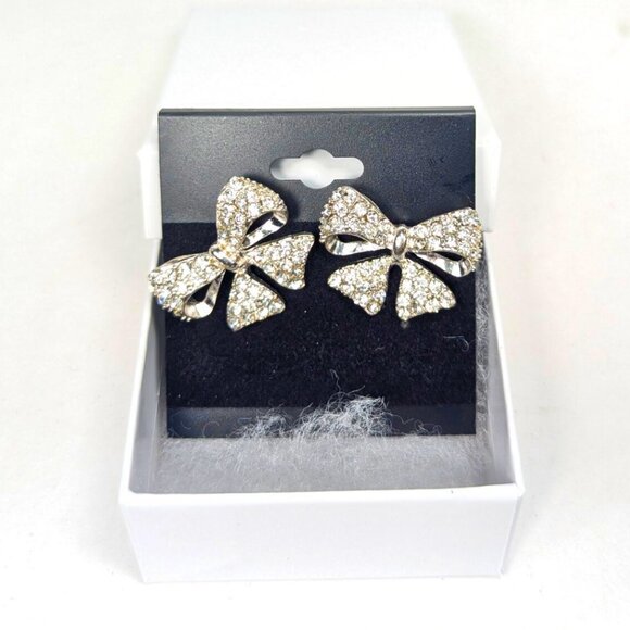 Rhinestone Silver Bow Stud Post Fun Fashion Earrings - Picture 2 of 11